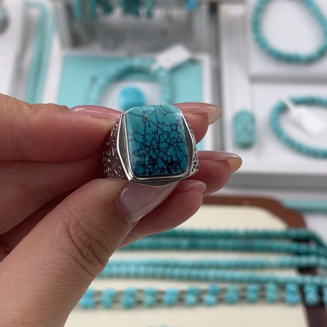 绿松石银S925镶嵌男戒网花