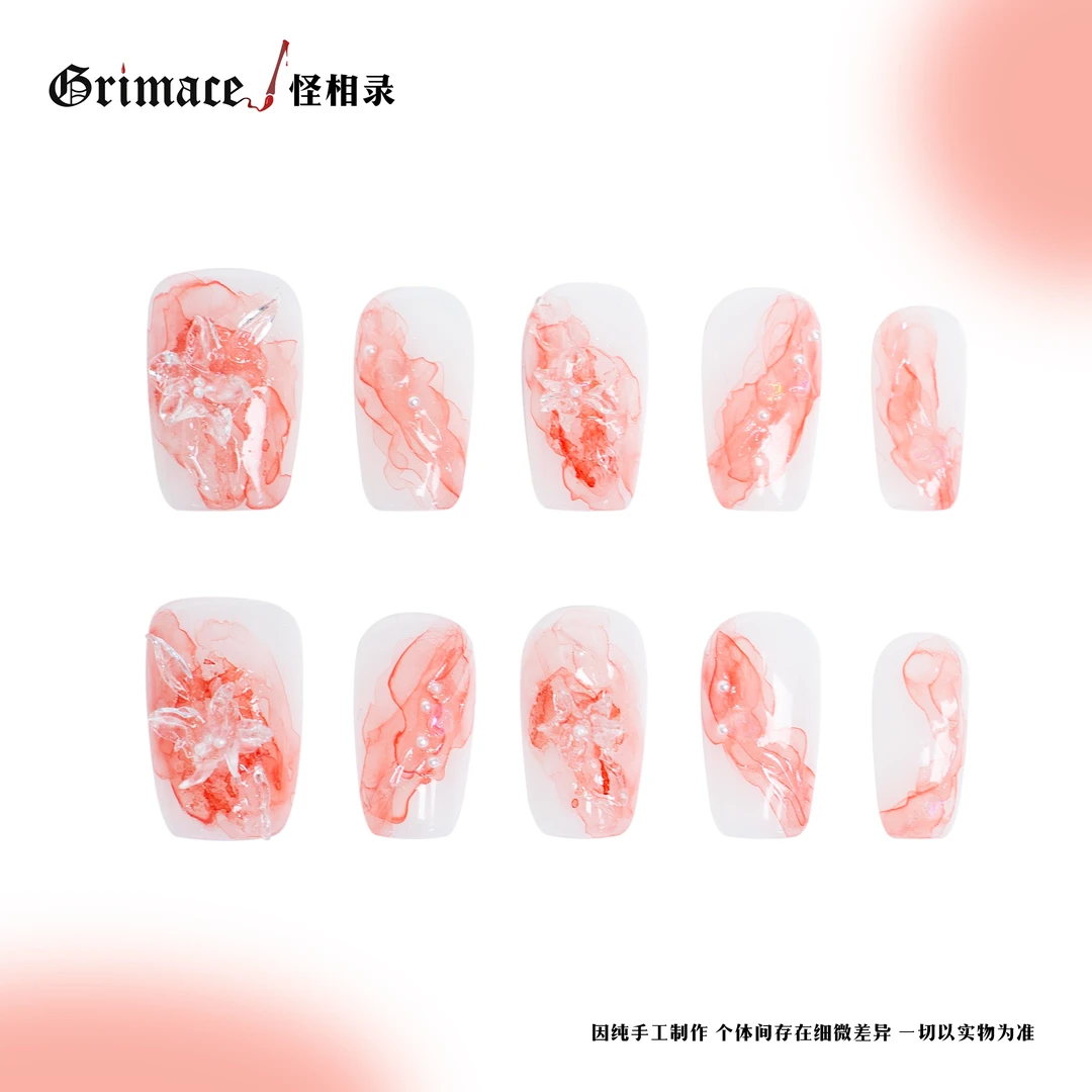 【醉海棠】怪相录新年系列纯手工穿戴式美甲/清新娇艳/雕花粉色海棠