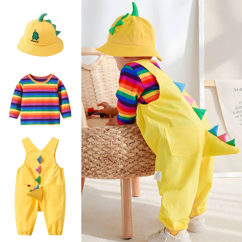 春秋款长袖薄款儿童套装恐龙宝宝衣服纯棉背带裤表演服开档连体衣