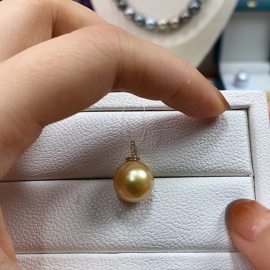 吊坠(不含链)海水珍珠18K金镶嵌12-13m南洋浓金珠吊坠（茶金品质）