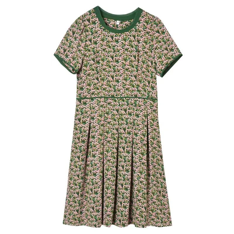 【W565绿底粉花】2025时尚优雅百搭洋气款夏季短袖中长款裙