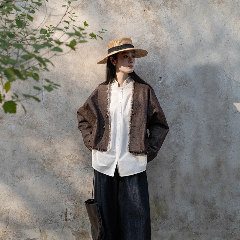 言作原创春季新品点子纱混纺毛边流苏新中式夹克外套 黄昏车站 二