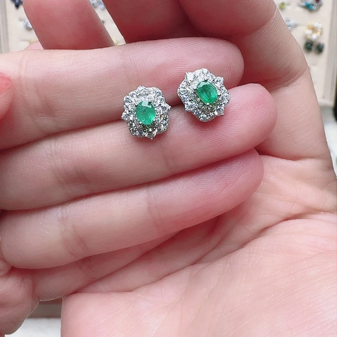 祖母绿耳饰银S925镶嵌