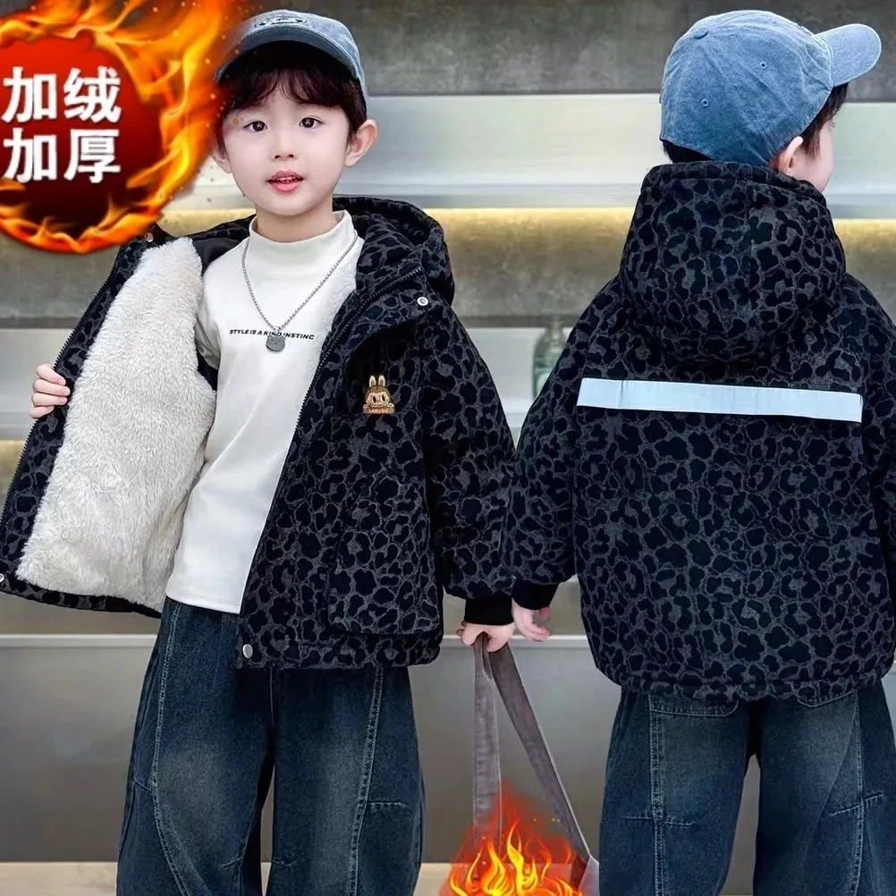 男童加绒加厚冬季外套2025新款中小童棉衣儿童棉服豹纹棉袄保暖潮