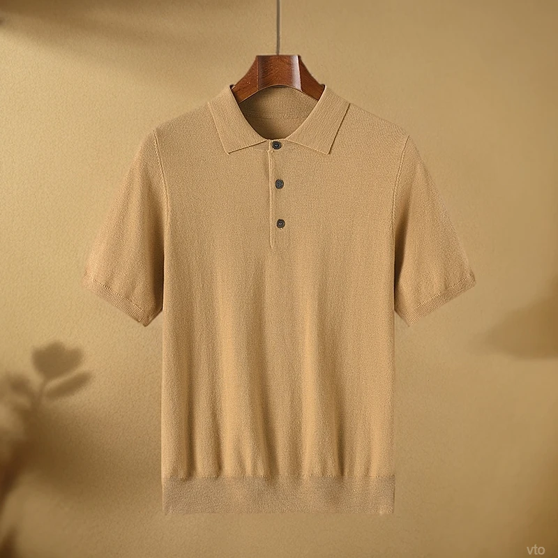 夏季针织polo衫男翻领休闲透气上衣薄款吸汗套头纽扣桑蚕丝