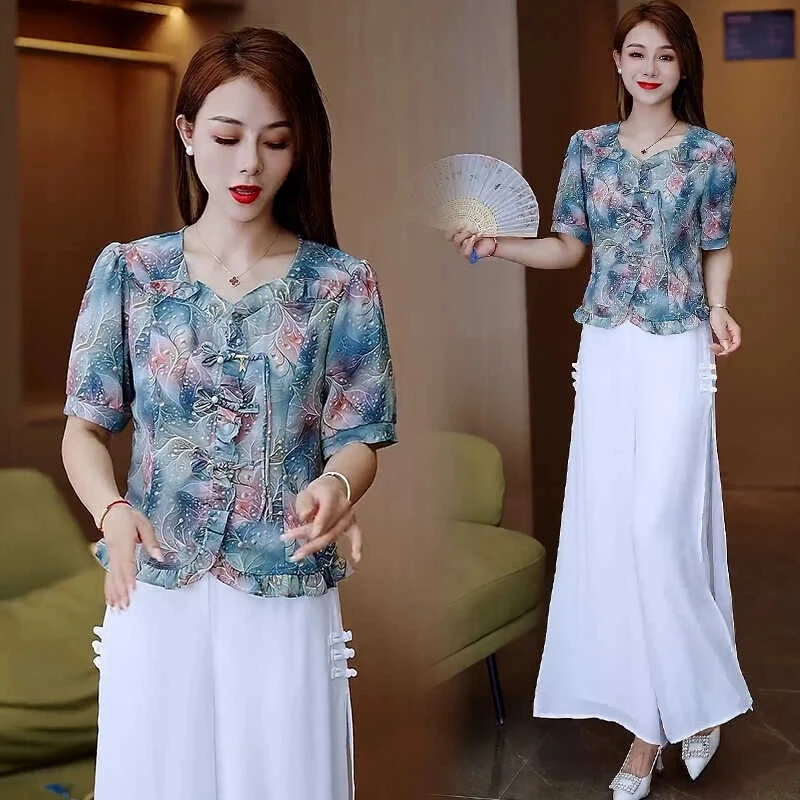 雪纺时尚套装女夏季新款洋气显瘦盘扣印花薄短袖高腰阔腿裤两件套