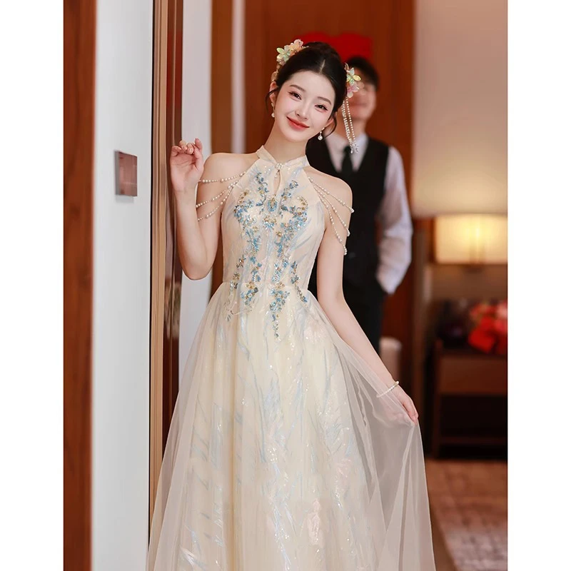 晨袍旗袍敬酒服新娘2025新款订婚结婚主持人礼服裙女高级感香槟色