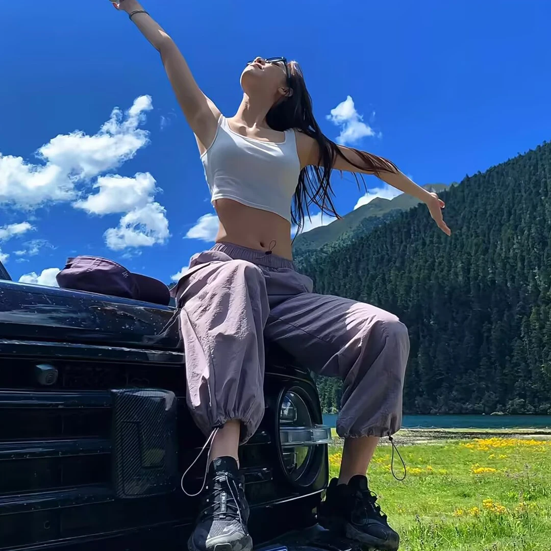 紫色速干运动工装裤女夏季2025年新款春秋高腰宽松休闲显瘦阔腿裤