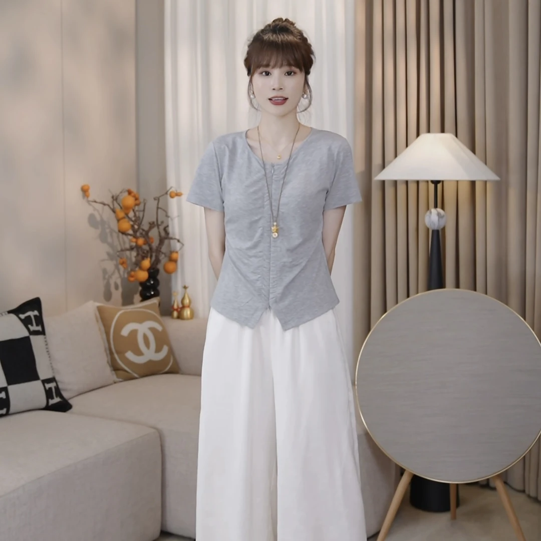 LMENY轻氧T~莱塞尔V领心机拉链褶皱藏肉显瘦T恤25BT062