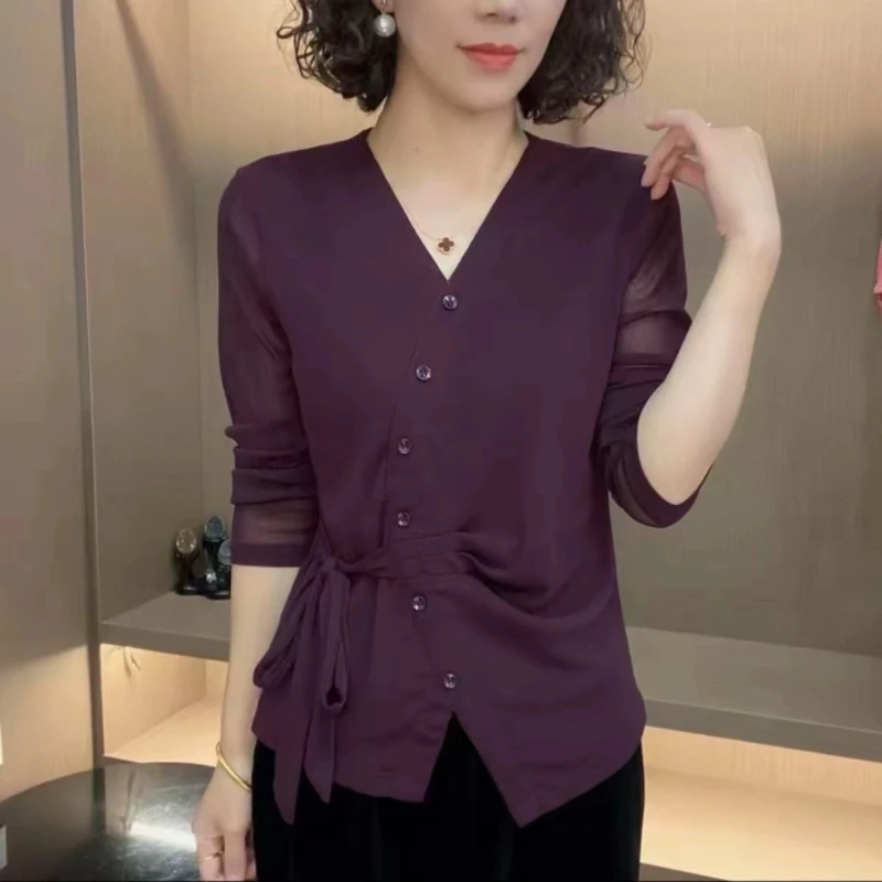 （运费险）秋季新款爆款纯色女百搭弹力网纱时尚洋气修身显瘦长袖纽