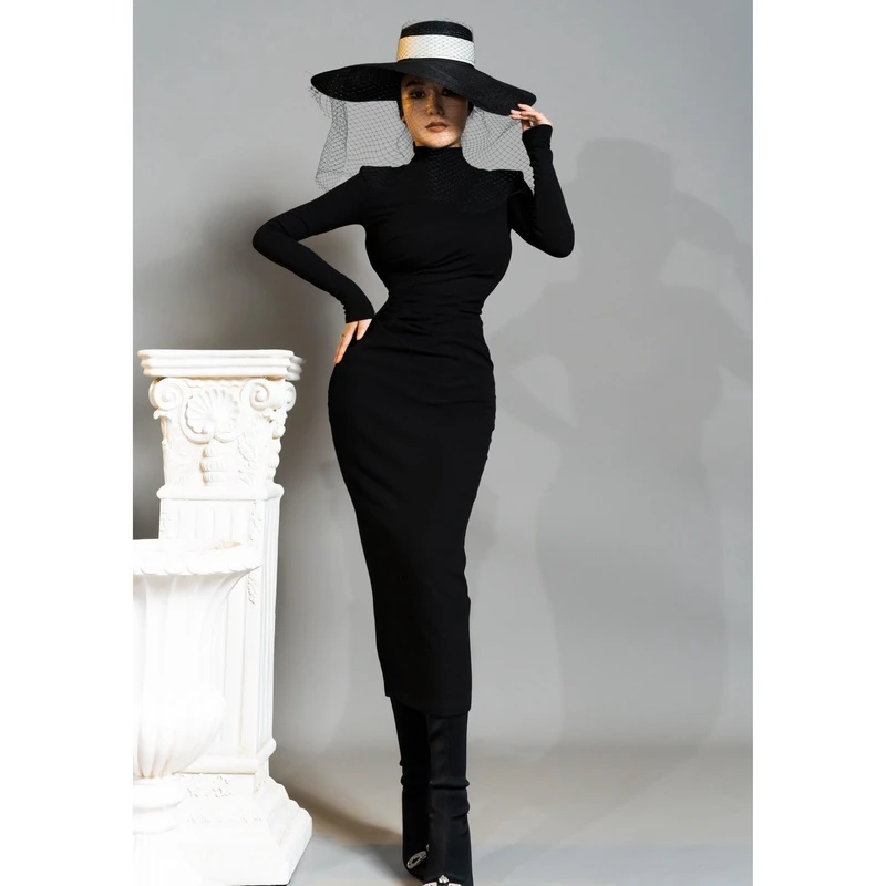 【星姐推荐】星原创高级定制黑色修身显瘦性感长款半高领打底连衣裙