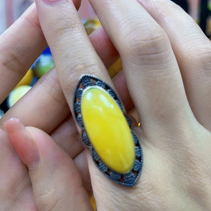 琥珀银S925镶嵌颈饰戒指