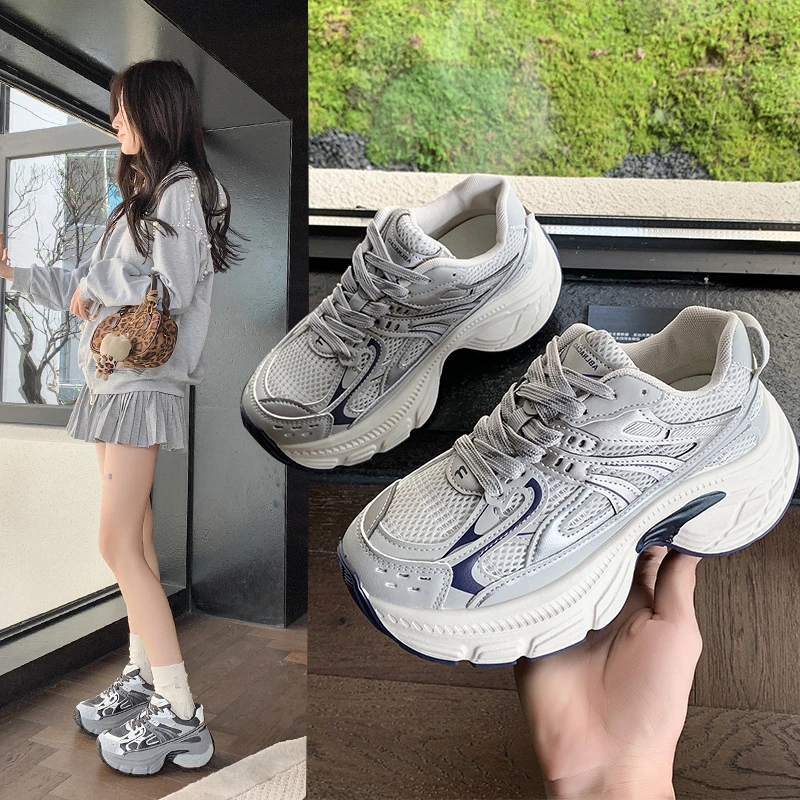 爆款老爹鞋女款2025新款网面透气休闲鞋百搭小个子增高厚底运动鞋