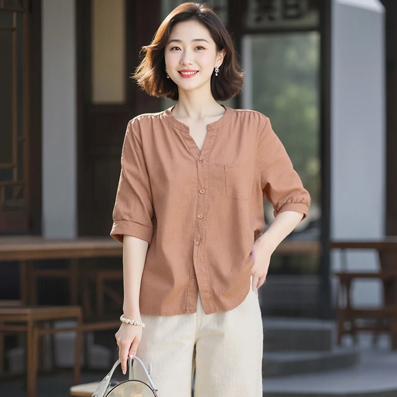 YX#【单/套装】V领中袖衬衫文艺气质夏季新款衬衣百搭上衣DY13210