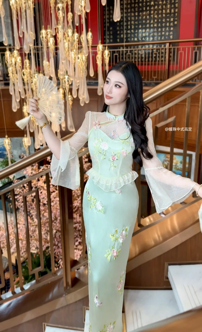 【媛珠 青衫烟雨】重工醋酸非遗刺绣国风上衣+吊带裙套装长款青色