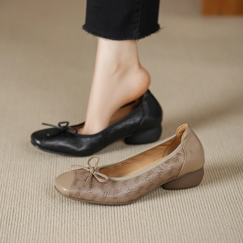 超软妈妈鞋百搭方头浅口单鞋蝴蝶结软底软面通勤小皮鞋真皮手工鞋