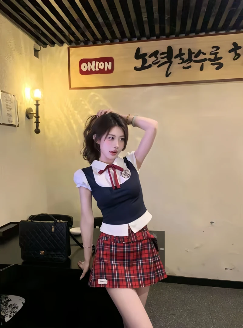 艺高学妹 夏季纯欲风甜美马甲衬衫假两件上衣格纹半裙学院风套装