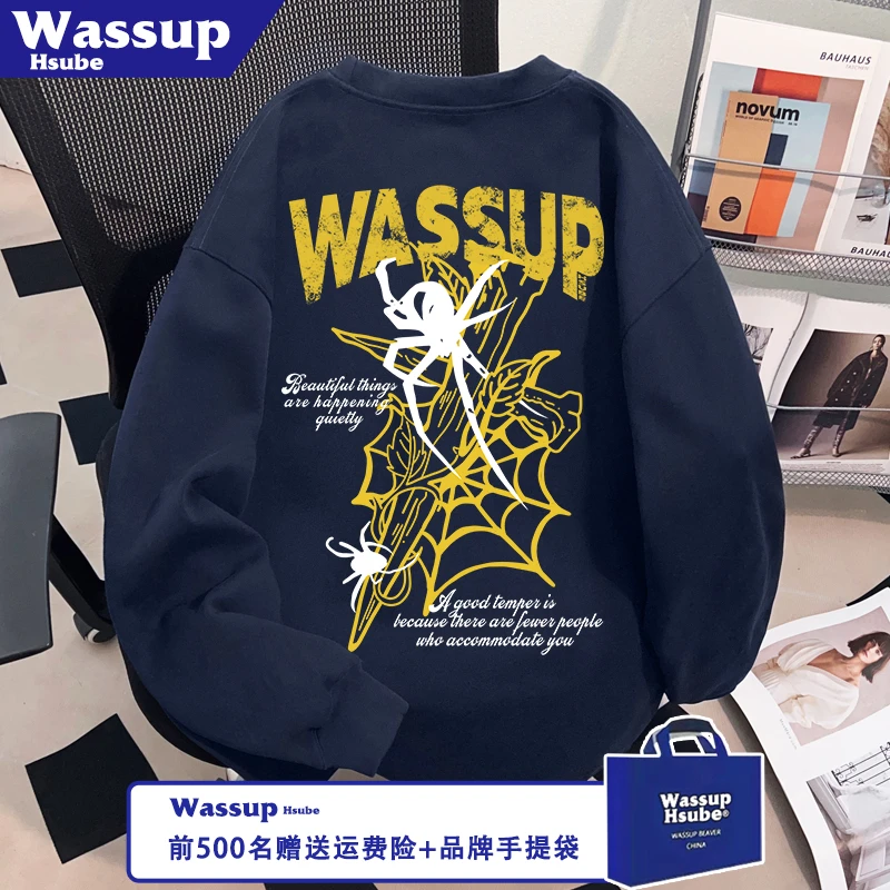 WASSUP HSUBE秋季街头风藏青上衣蜘蛛印花T恤ins100%棉男女款长袖