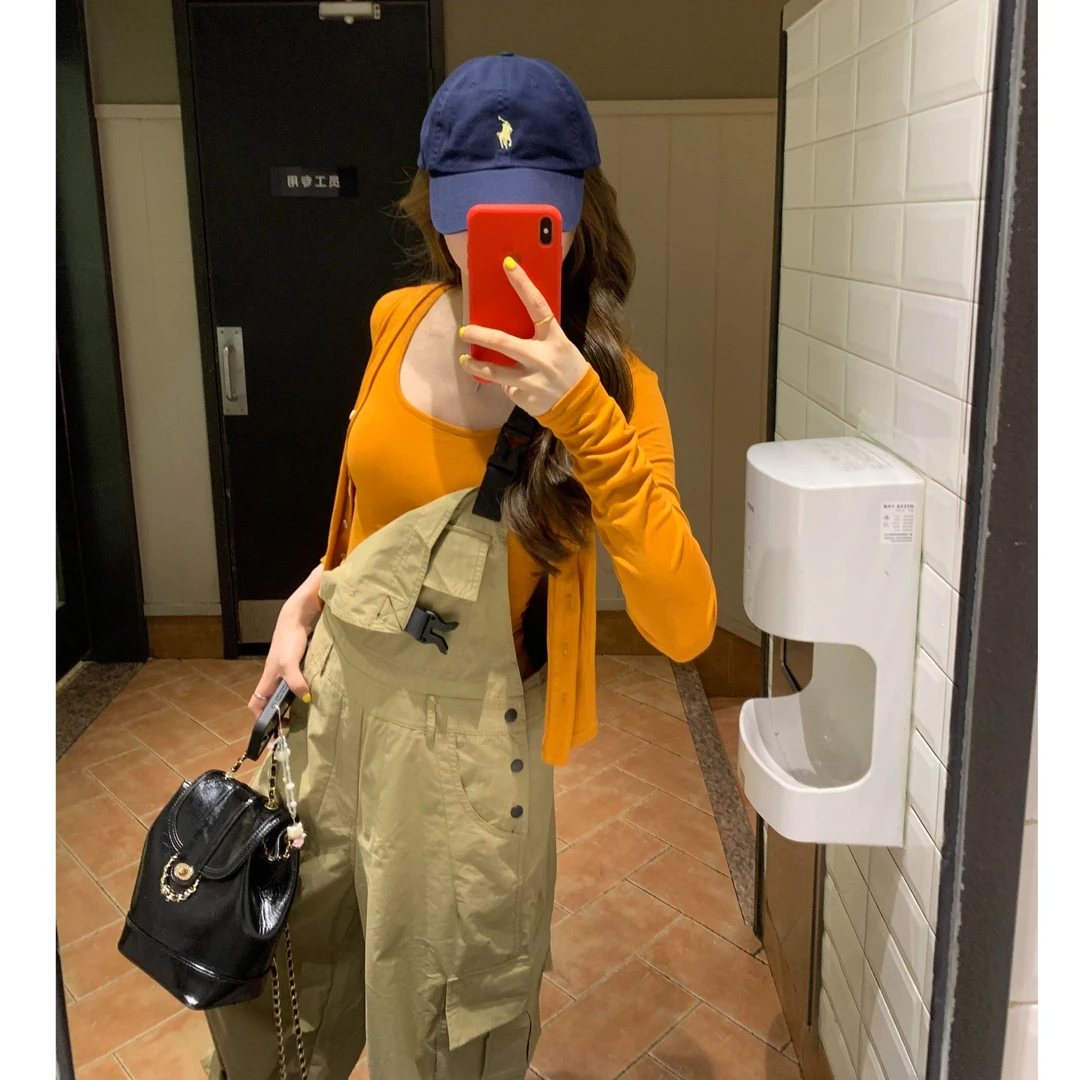 芙沿卡其色工装背带裤女2025夏季新款户外山系风小个子阔腿连体裤