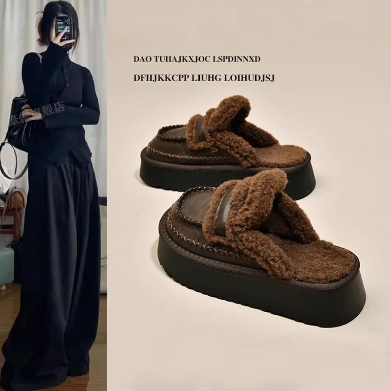厚底勃肯鞋女外穿毛毛拖鞋2024新款加绒雪地靴秋冬包头半拖鞋棉拖