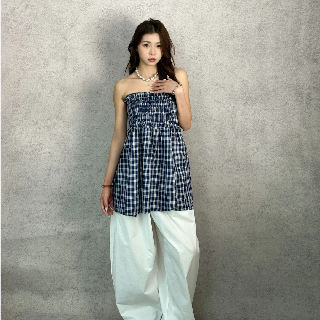 JODIE WANG 两穿格纹褶皱半身裙 松弛感百搭休闲伞裙00900