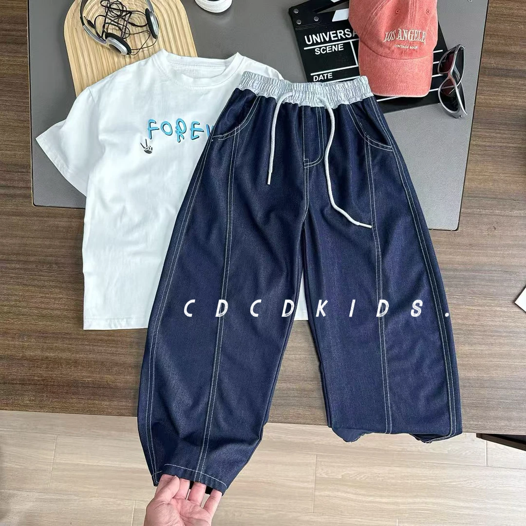 儿童夏季弯刀裤原色软牛仔裤明线长裤撞色工艺男女童春夏款258225