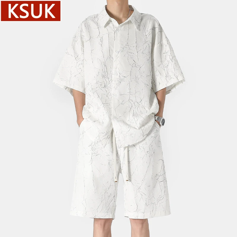 KSUK痞帅男装一整套肌理感压皱潮流短袖衬衫男士休闲短裤两件套