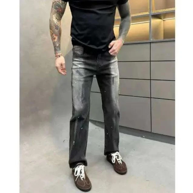 泼墨撞色秋冬新款男牛仔裤时尚休闲百搭直筒宽松潮流复古男士长裤
