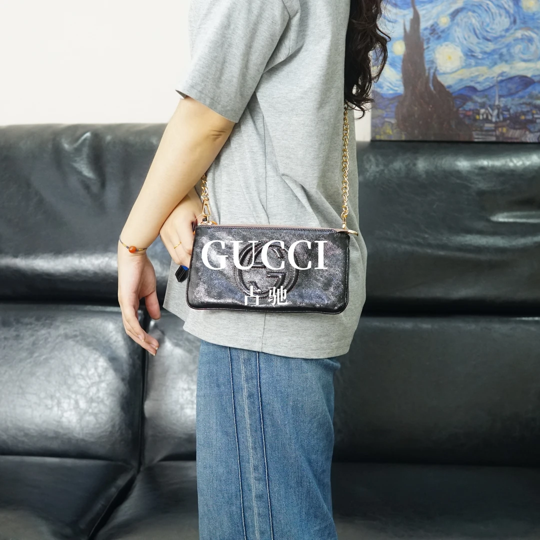 95新 GUCCI/古驰 黑色漆皮双G包/EE06618092/8092