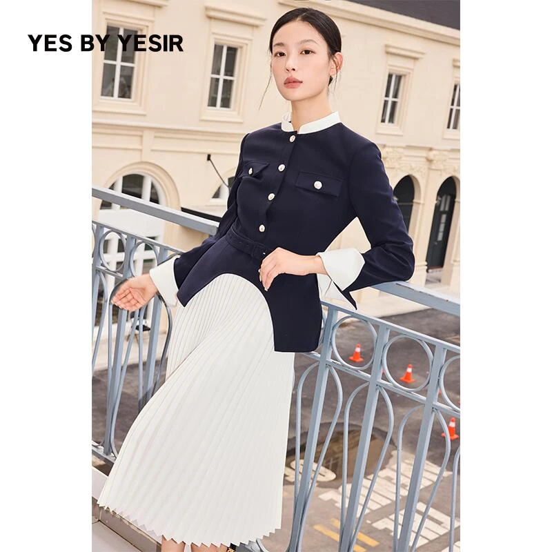 叶谦原创设计师2025年秋新款不规则摆拼接褶皱连衣裙YEFLC17267