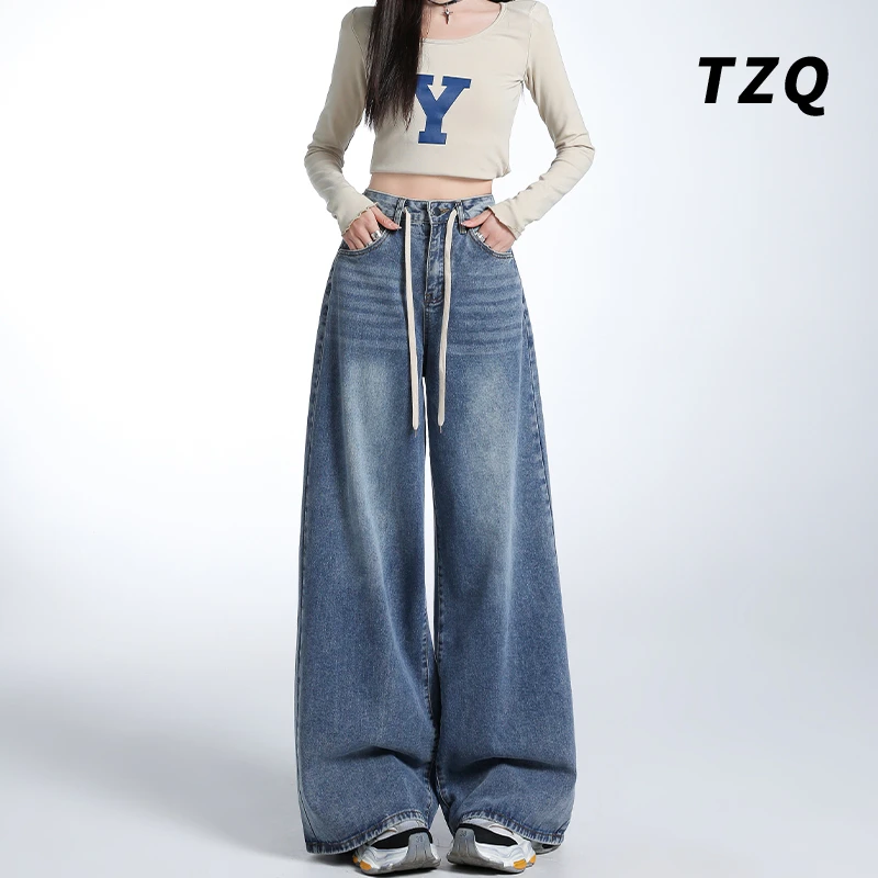 2025春季复古水洗抽绳高腰阔腿裤百搭垂感宽松牛仔长裤TZQ2520420