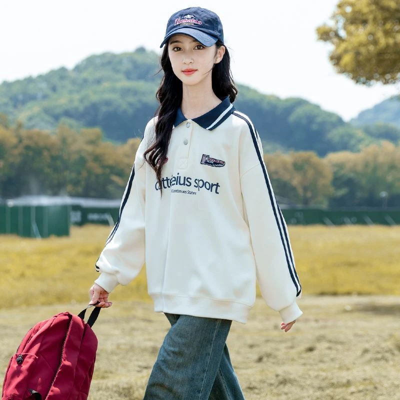女童卫衣2025秋装新款中大童洋气春秋季宽松Polo领上衣女孩衣服潮