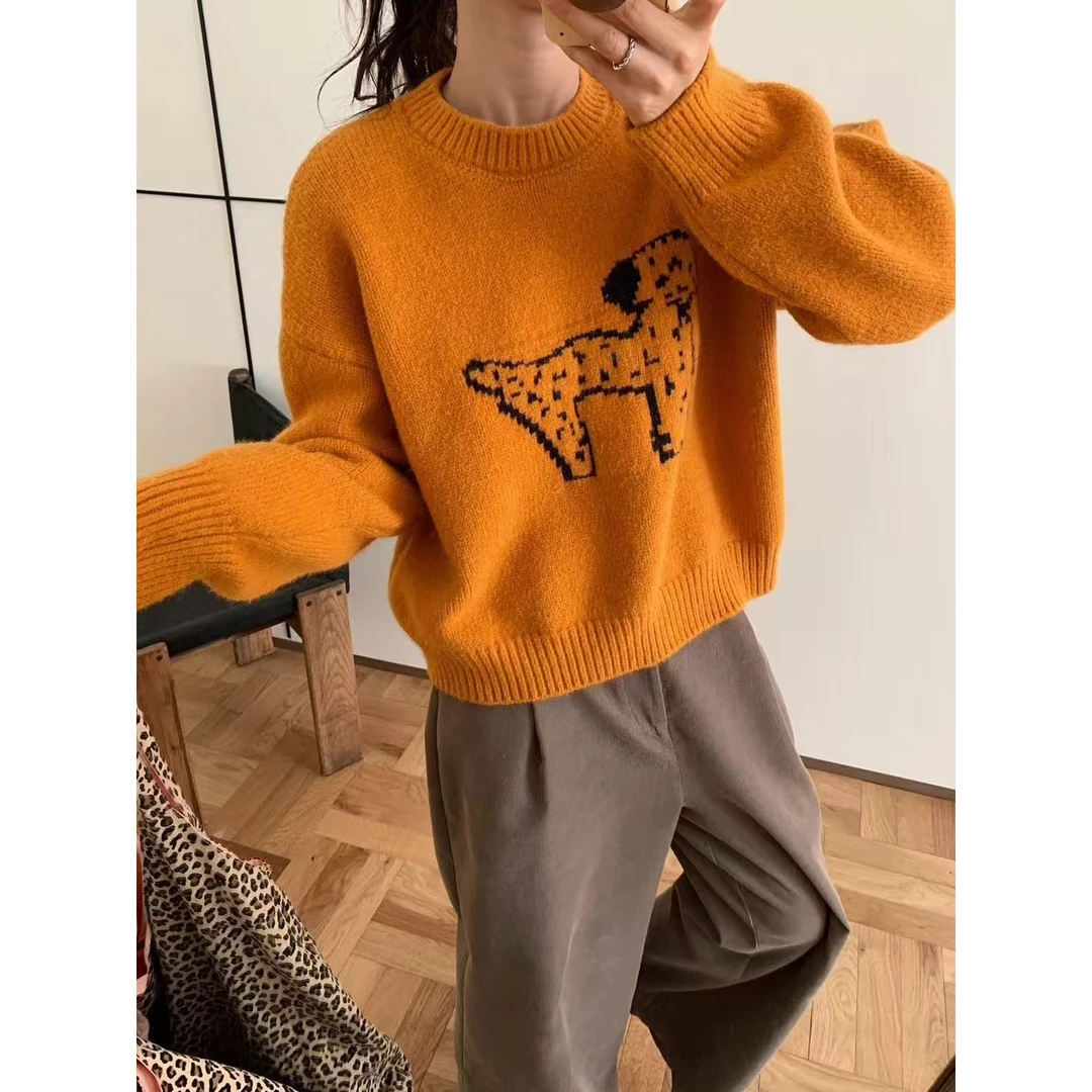 韩版圆领点点狗提花套头毛衣女2025秋冬季新款宽松百搭针织衫上衣