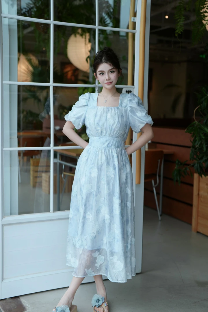 短袖A字裙气质长裙方领连衣裙连衣裙夏季显瘦旗袍时尚裙子中长款