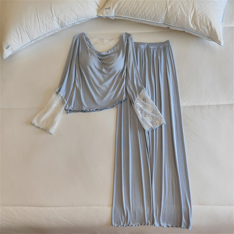 2025年春季新款带胸垫夏季春秋季性感蕾丝长袖女人睡衣家居服套装