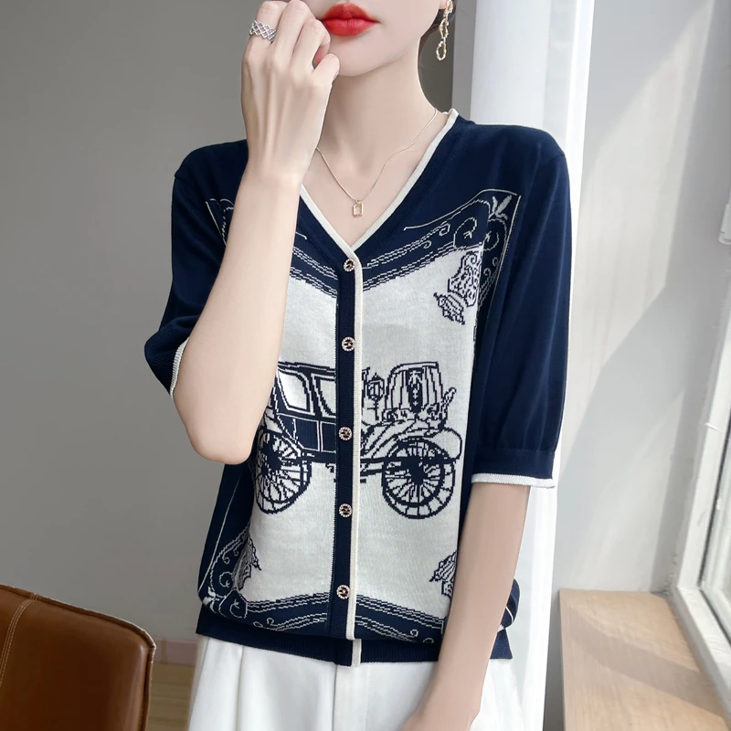 ~冰凉丝滑~薄款提花洋气女夏复古宽松针织毛衣套头大码时尚假开衫