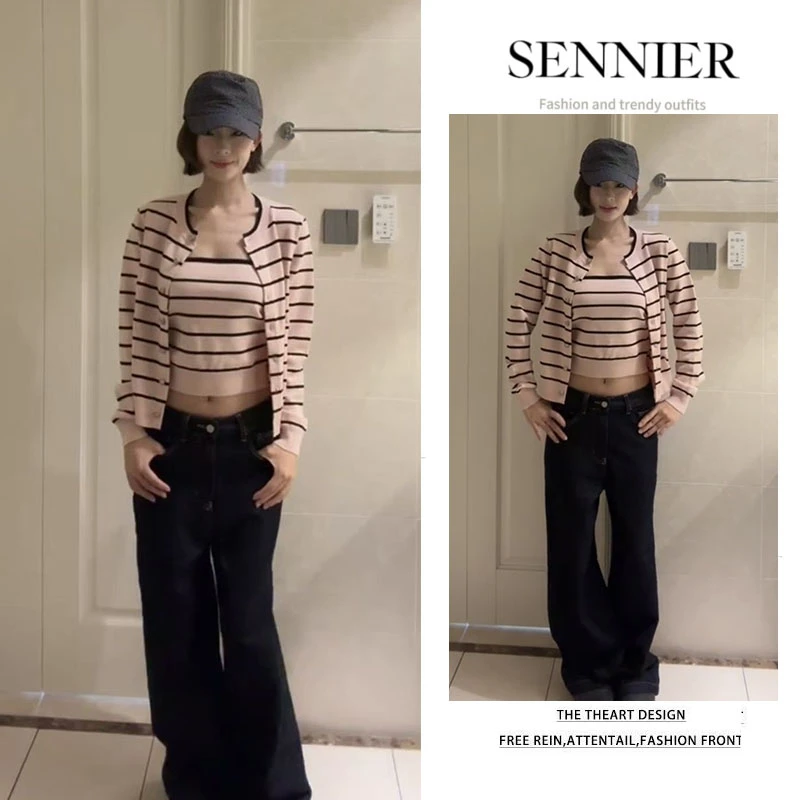 时尚穿搭女2025早秋新款休闲百搭条纹针织开衫吊带阔腿裤三件套装