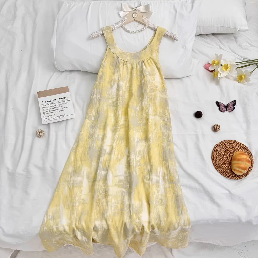 【R653】夏季清凉一夏土黄吊带睡裙+胸垫