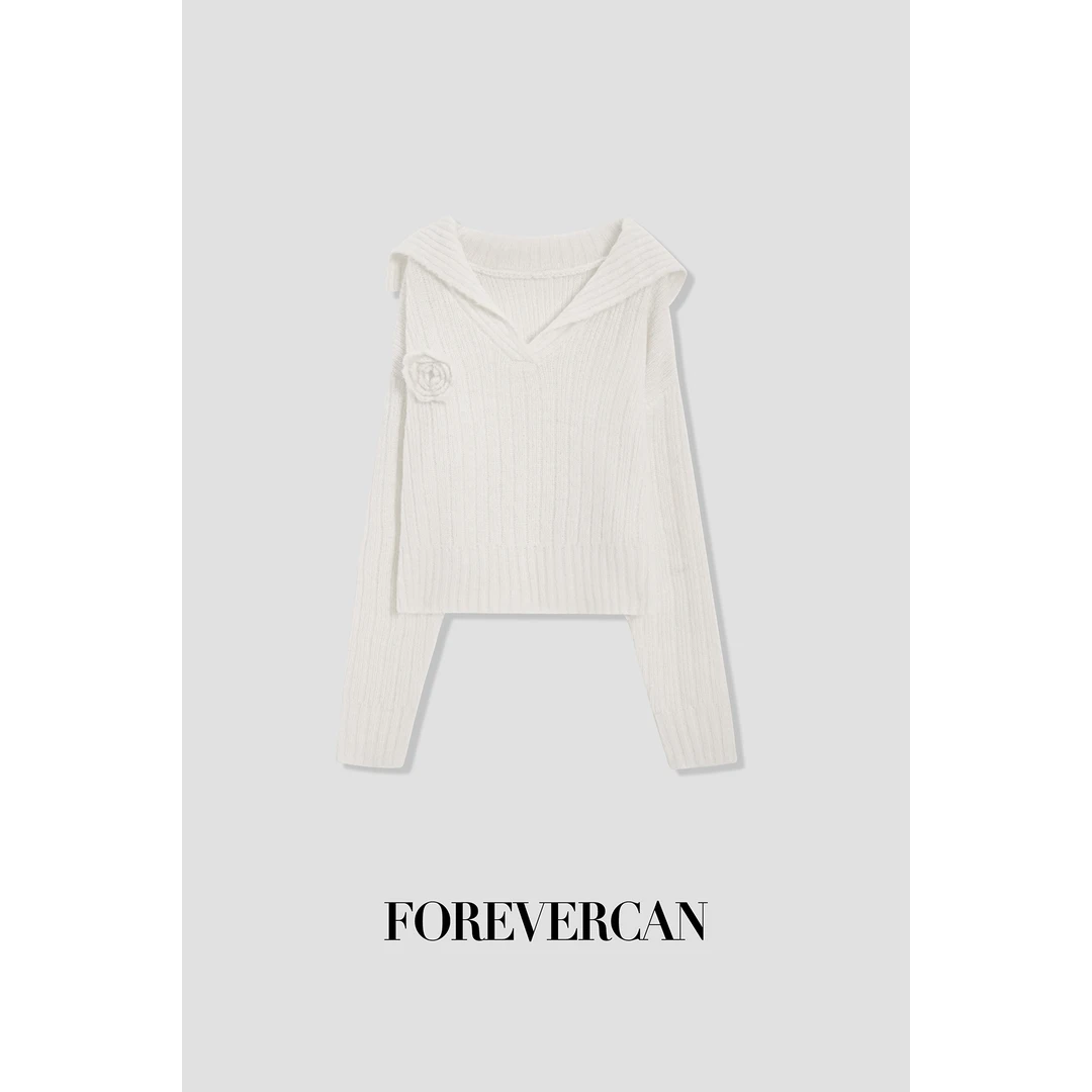 FOREVERCAN“伊丽莎白”极简慵懒风立体花连帽宽松毛衣上衣MY4024