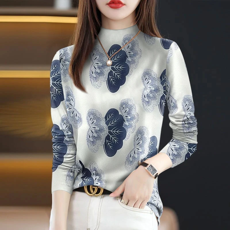 2025秋冬爆款半高领长袖打底衫时尚洋气印花遮肚气质女T恤女上衣
