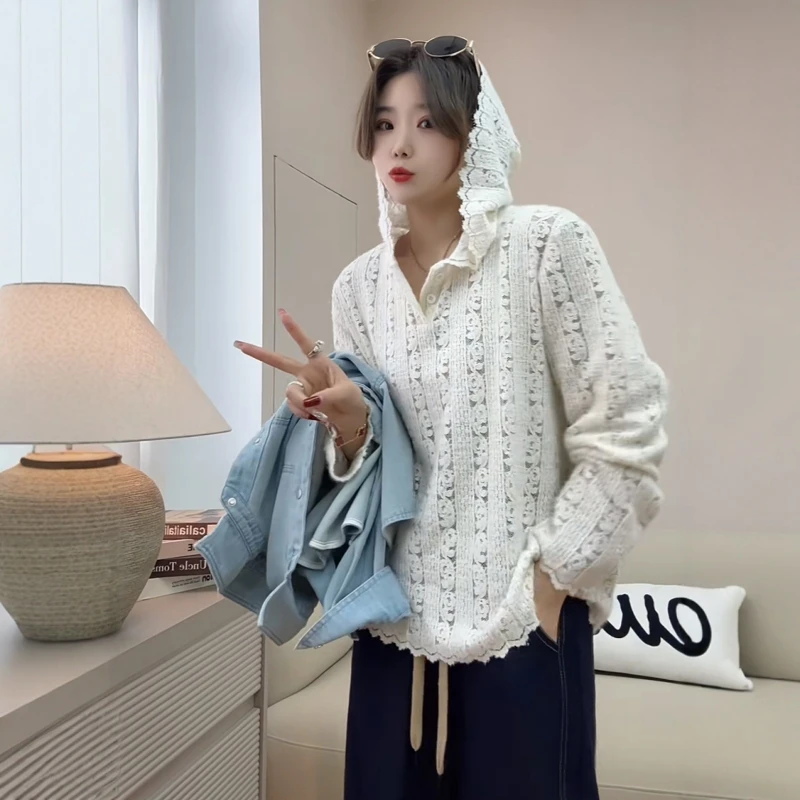 2025春季新款蕾丝连帽针织打底衫女装韩系小个子洋气减龄衬衫上衣