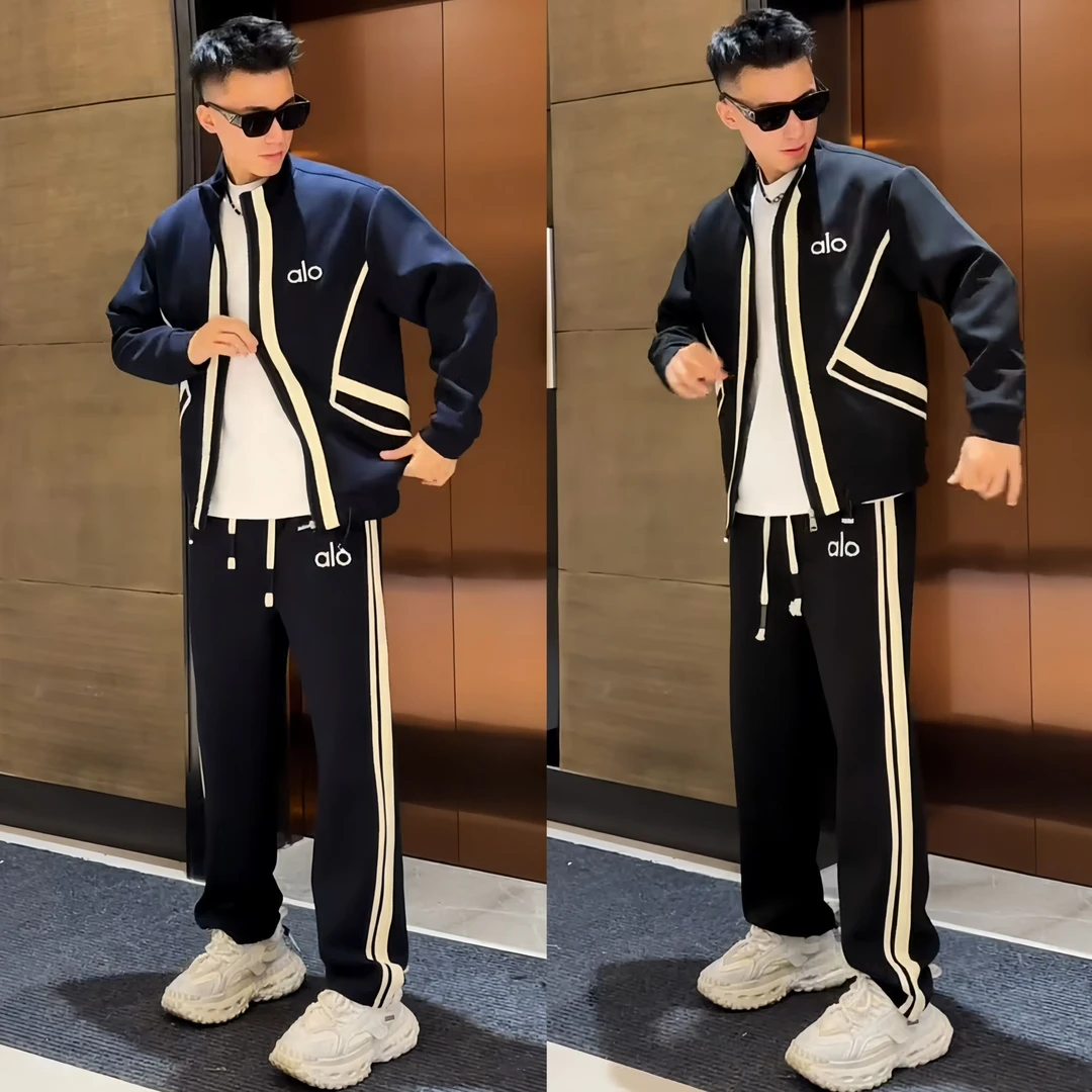 秋季轻奢字母撞色条纹空气层套装男士立领夹克外套直筒卫裤两件套