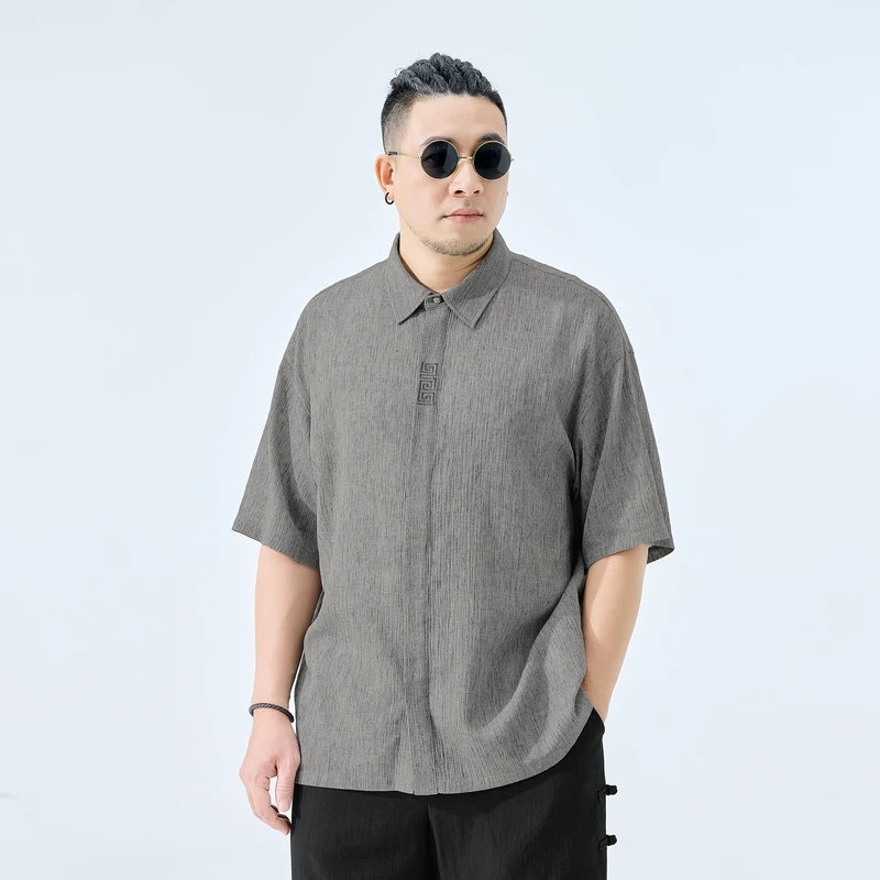 半墨大码男装宽松薄款新中式棉麻短袖衬衫夏季新款胖子男上衣0356