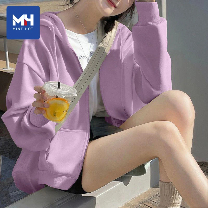 2025年新款唐狮集团MH女款初秋香芋紫显瘦连帽宽松开衫卫衣外套L