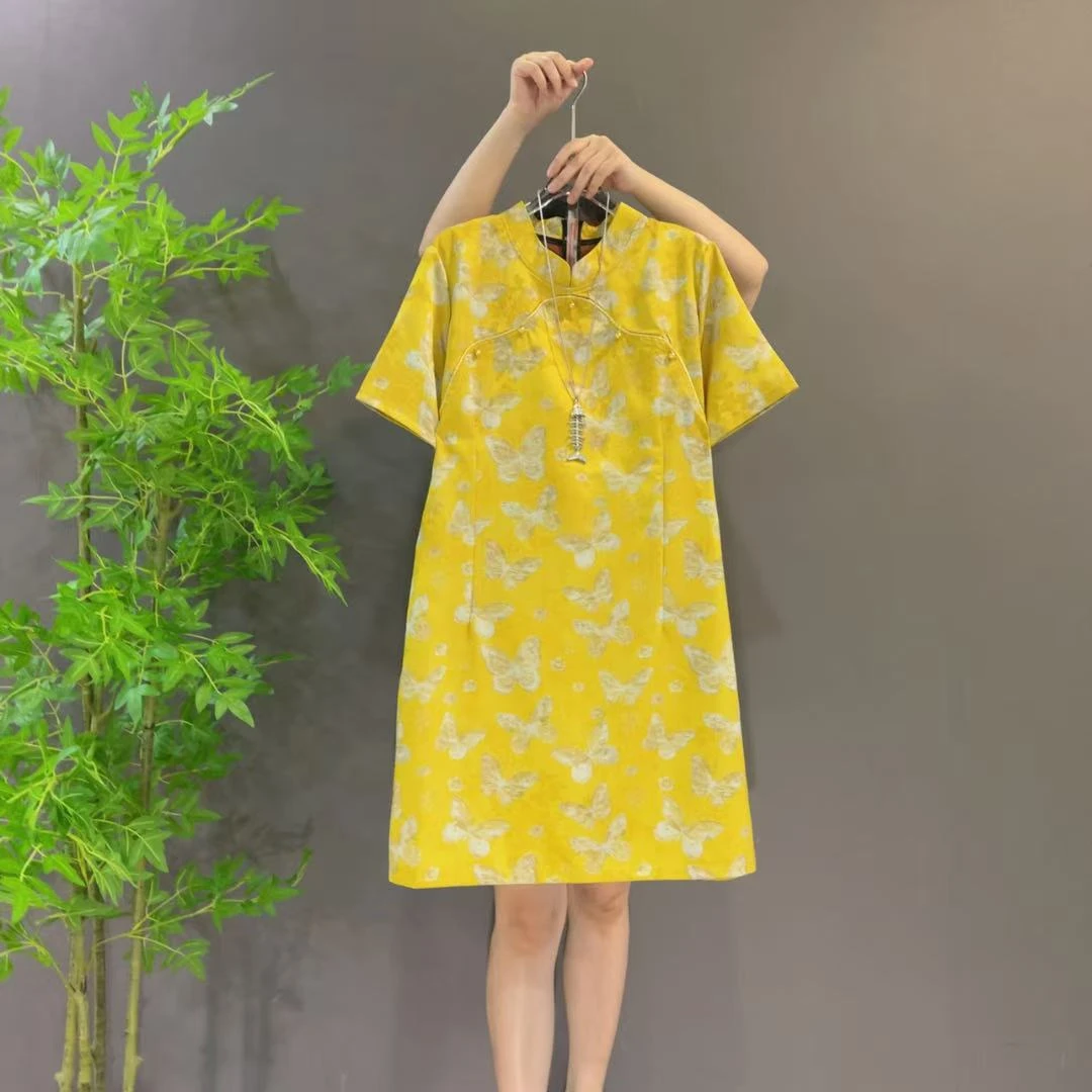 2509夏季新款新中式国风气质盘扣提花旗袍设计大码连衣裙