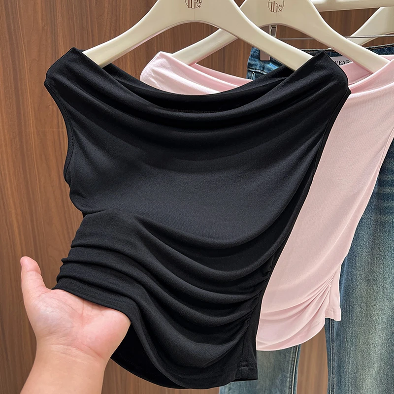 2025夏季新款设计感黑色一字领无袖短款T恤薄款修身弹力外搭上衣