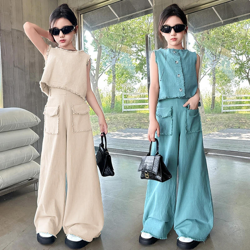 女童套装儿童2025夏季毛边水洗牛仔休闲两件套童装洋气时尚韩版潮