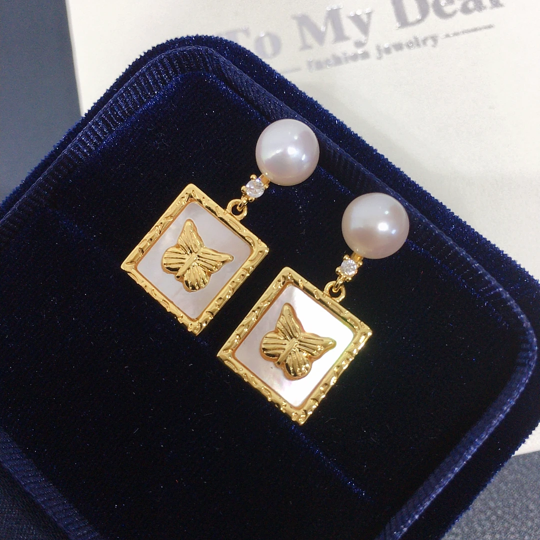 诸暨天然淡水珍珠耳钉女海贝蝴蝶精致时尚复古ins风耳环耳饰