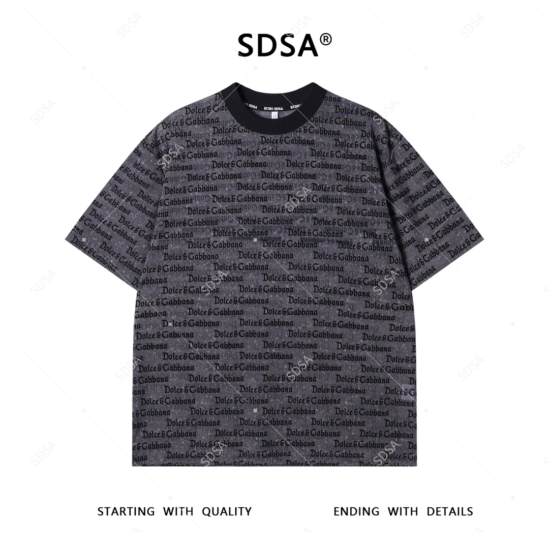 夏季高级感新款男士美式满印植绒字母设计圆领短袖T恤薄款百搭