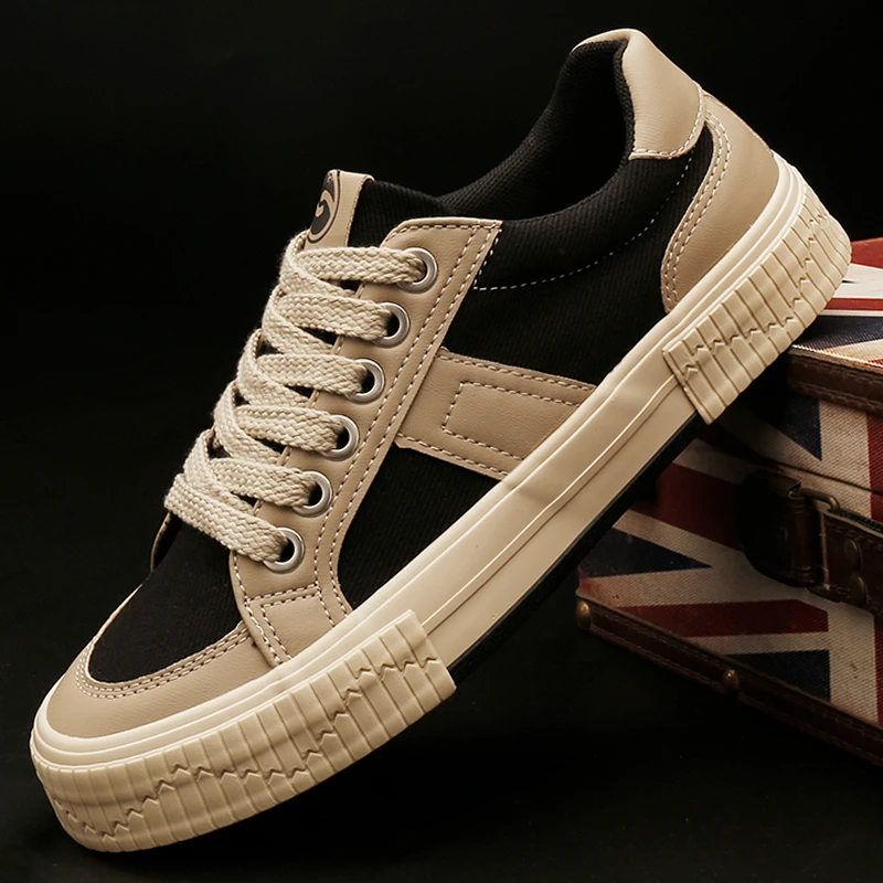 25853 男鞋韩版系带平底帆布鞋秋季新款拼色休闲板鞋时尚低帮潮鞋